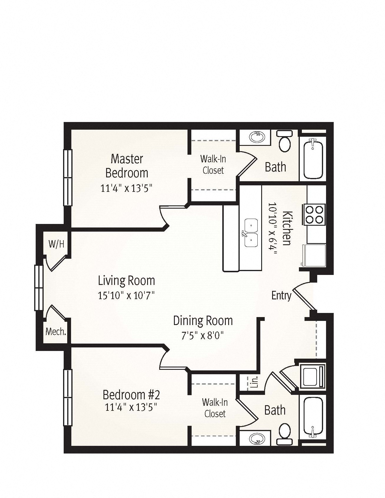 Floor plan for 2 beds, 2 baths